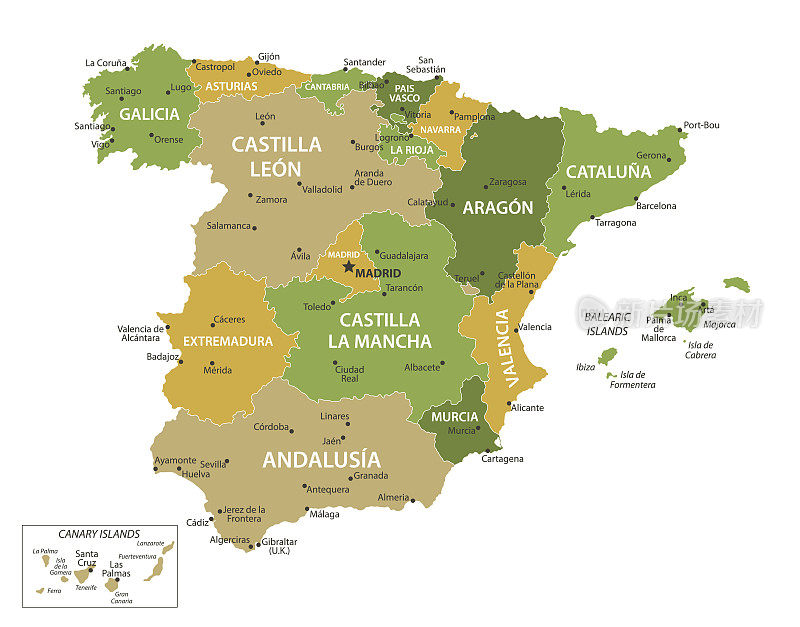 西班牙-矢量地图。西班牙彩色地图