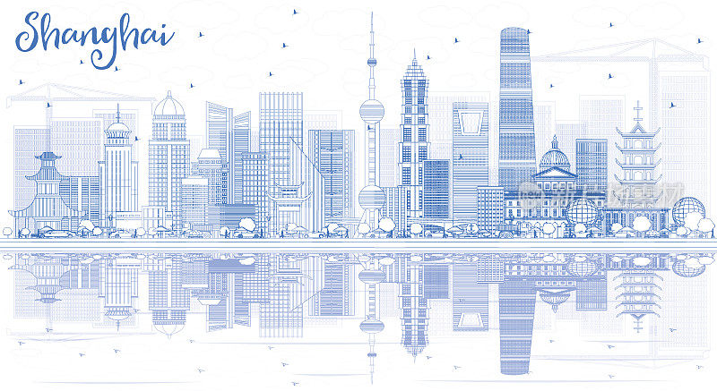 用蓝色建筑勾勒出上海的天际线。