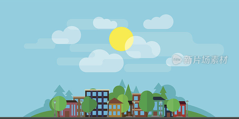 城市景观与房屋，绿色植物，云彩在山的背景。城市生活的概念。这张插图是用平面风格画的。