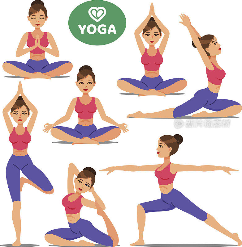一组女孩在各种瑜伽姿势。女性瑜伽姿势训练。不同的运动。矢量插图。