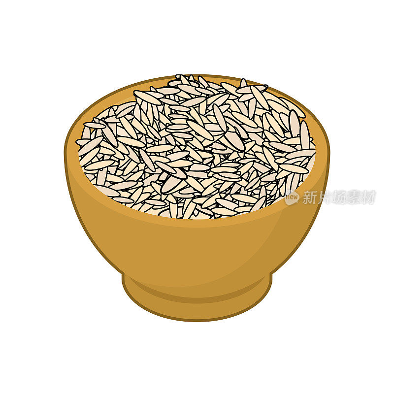 糙米在木碗中孤立。木碟中的格栅。白色背景上的纹理。矢量图