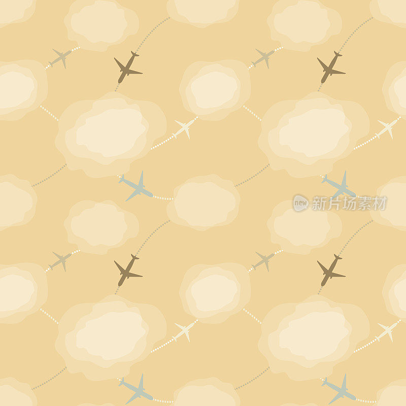 米色无缝图案与飞机在天空中