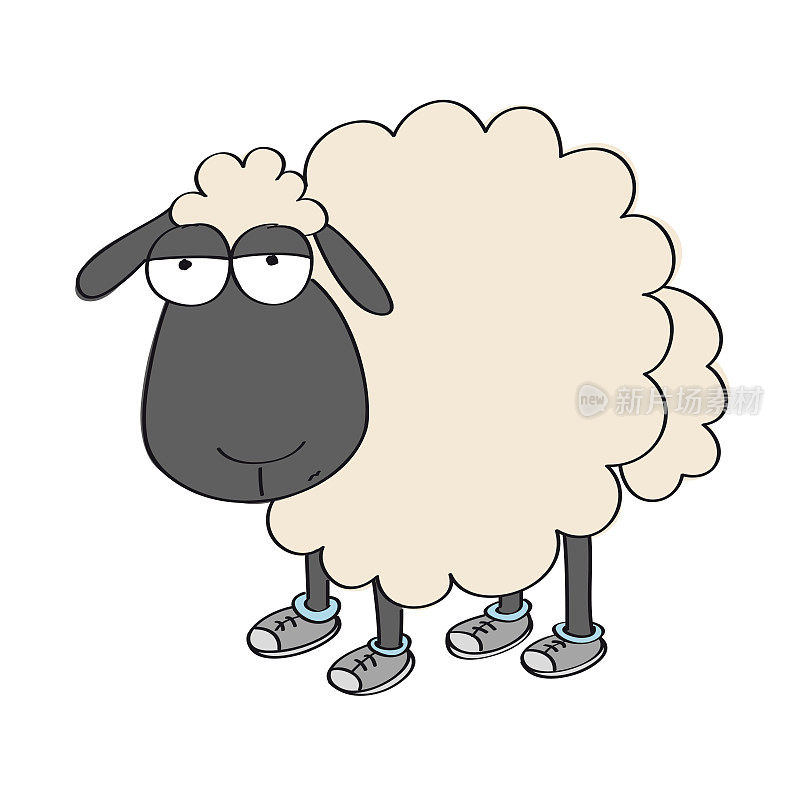 呆头呆脑的绵羊穿着鞋，站着，看起来很傻——原创手绘搞笑卡通插图