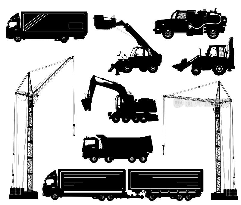 施工设备:卡车、挖掘机、推土机、电梯、起重机。建筑机械的详细轮廓被隔离在白色上
