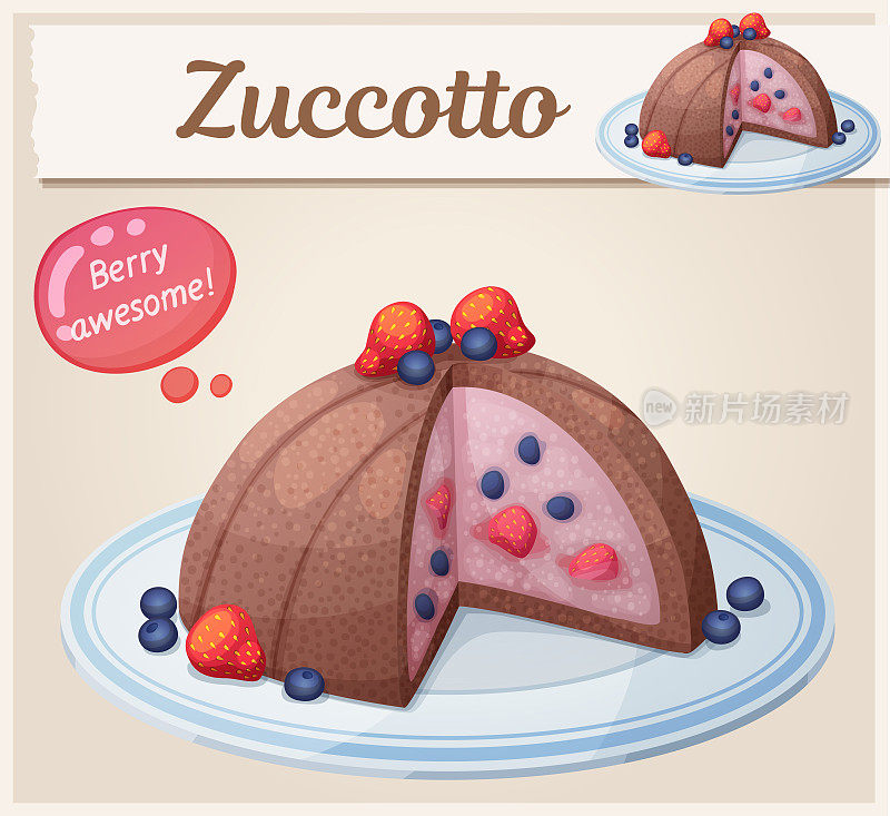 有浆果图标的祖托甜品。卡通矢量插图冷冻蛋糕与草莓和蓝莓。浆果甜点系列