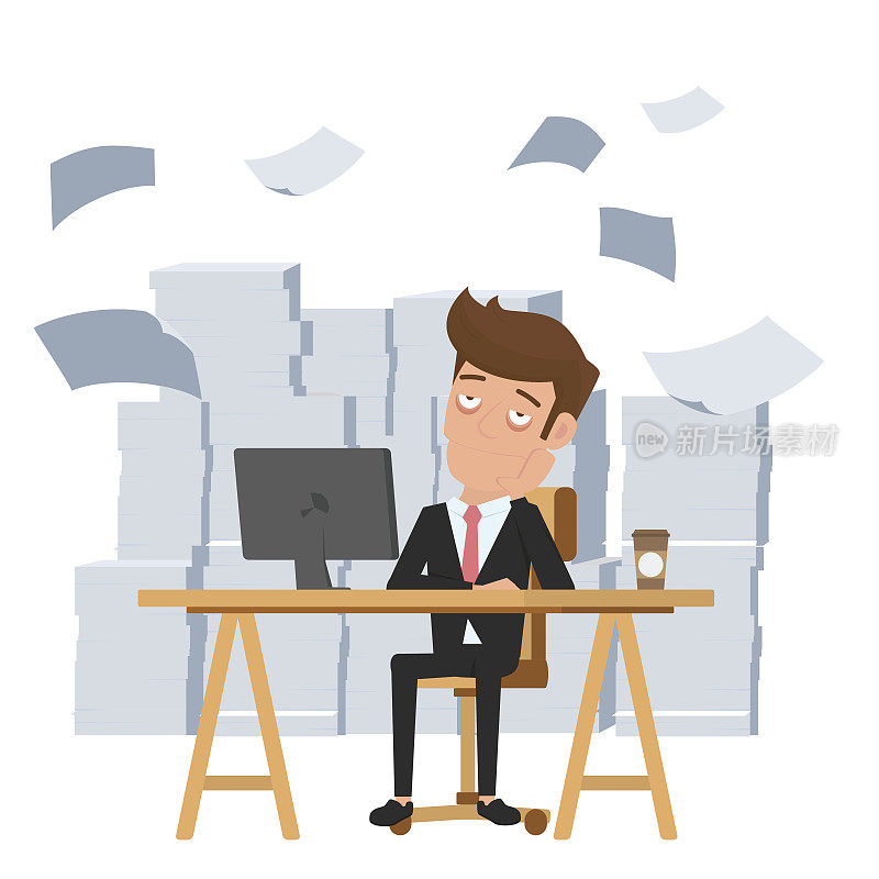 疲惫的商人坐在办公桌前处理一堆文件。疲惫的员工想要帮忙。最后期限的概念。