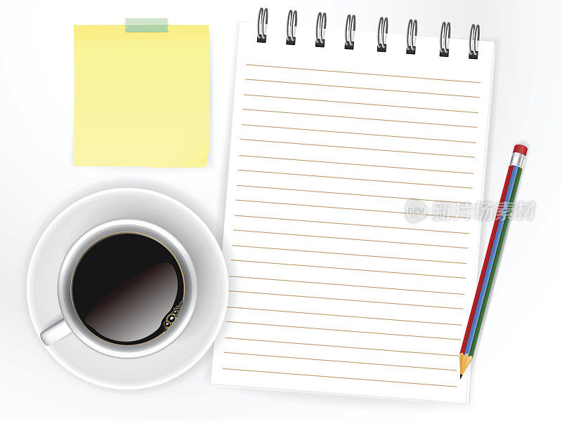 咖啡杯与笔记页和笔记纸，铅笔，商业概念，向量