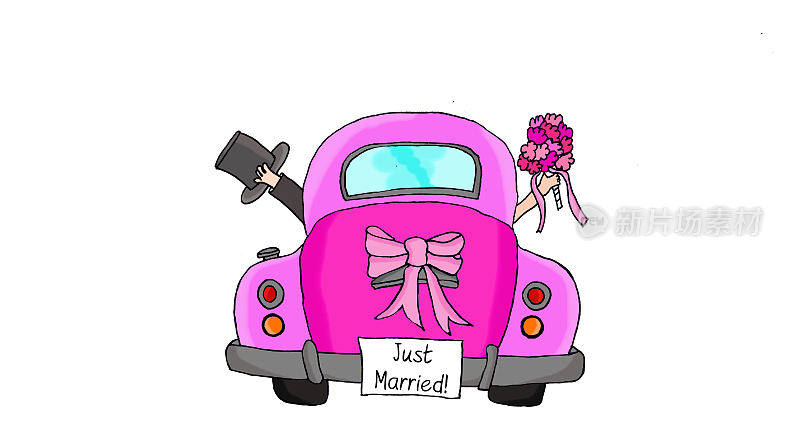 刚结婚-一对夫妇开着粉色的车