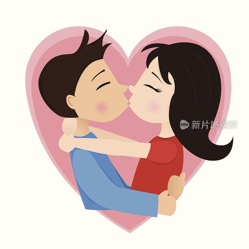 一对情侣亲吻卡通里面的粉红色的心