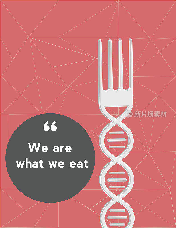 我们吃什么就是什么概念。矢量3d插图的DNA叉
