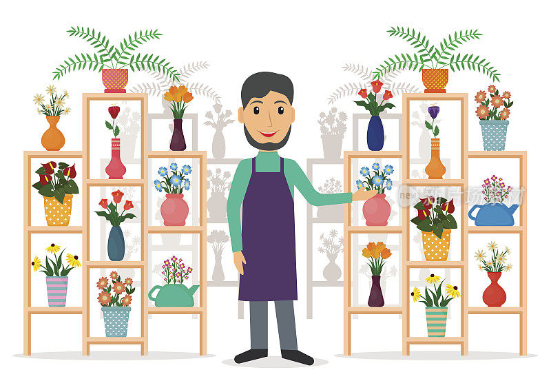 花店花商或男性销售人员提供室内植物和盆花。矢量插图在平面风格。