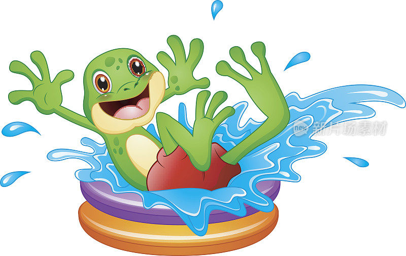 有趣的青蛙卡通坐在上面的充气游泳池与水飞溅
