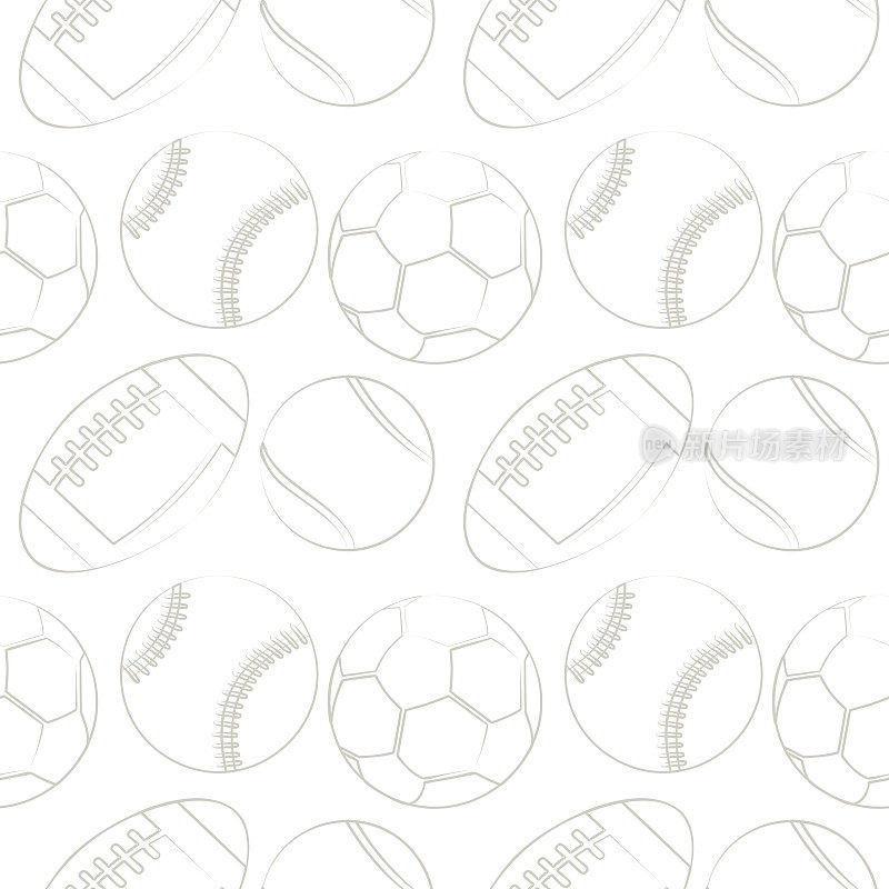 无缝矢量模式与运动设备。黑白背景与网球，足球，篮球和足球。系列运动图案。
