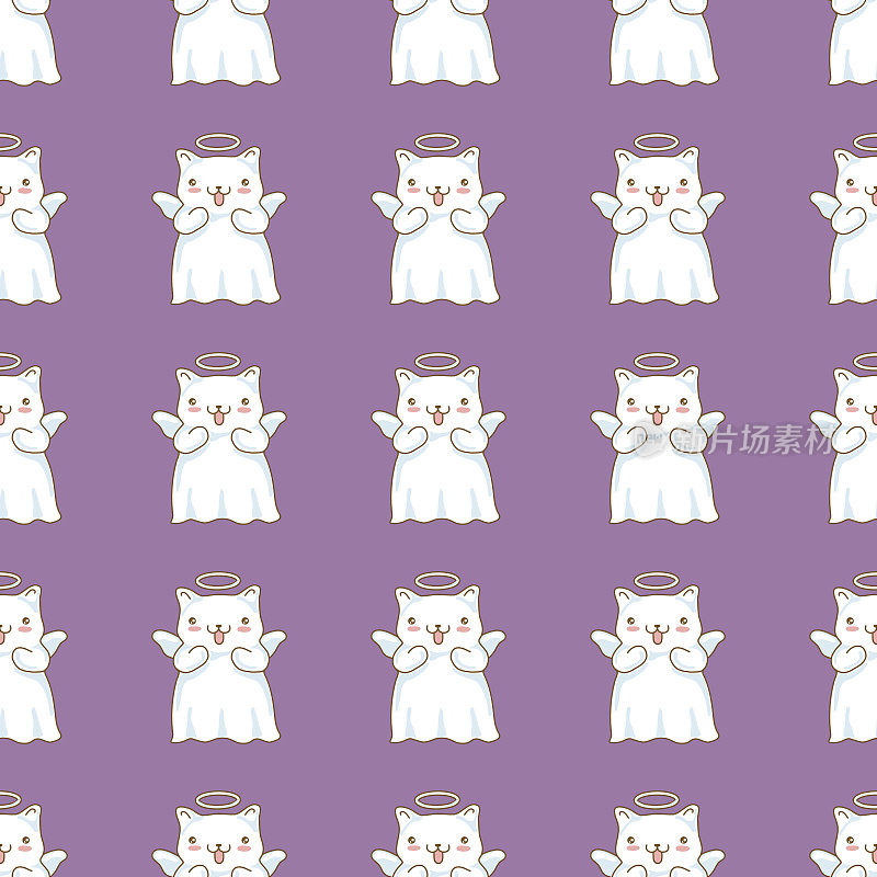无缝图案背景卡通猫图片作为一个小天使的翅膀和晕在日本卡哇伊风格在紫色的背景。