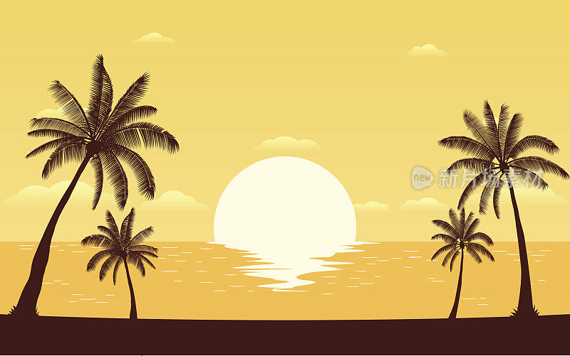 夕阳下的海滩上，棕榈树的剪影