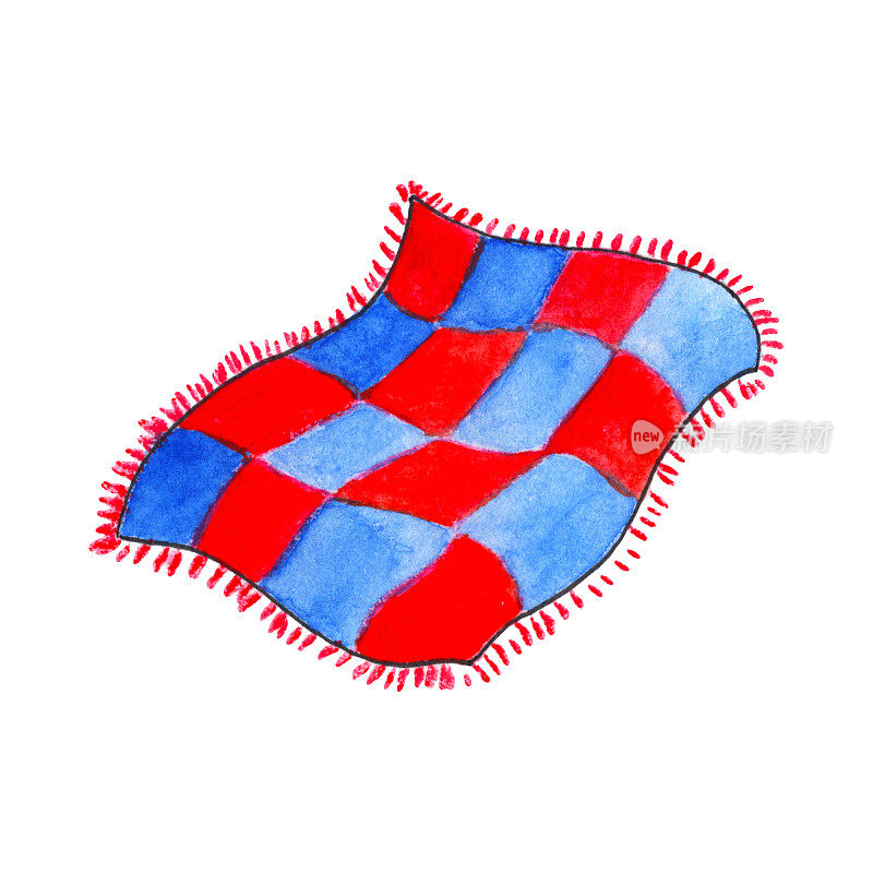 蓝色和红色毯子上的水彩在白色的背景。床用格子呢。