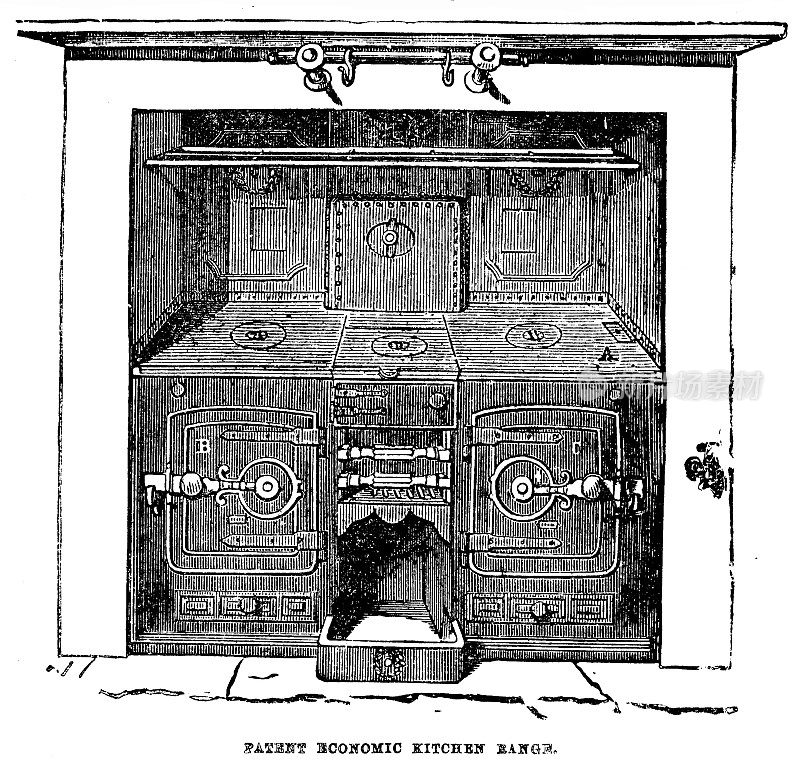 维多利亚时代的插图专利烹饪炉灶19世纪的商店主妇和厨师;出自比顿夫人1899年的烹饪书