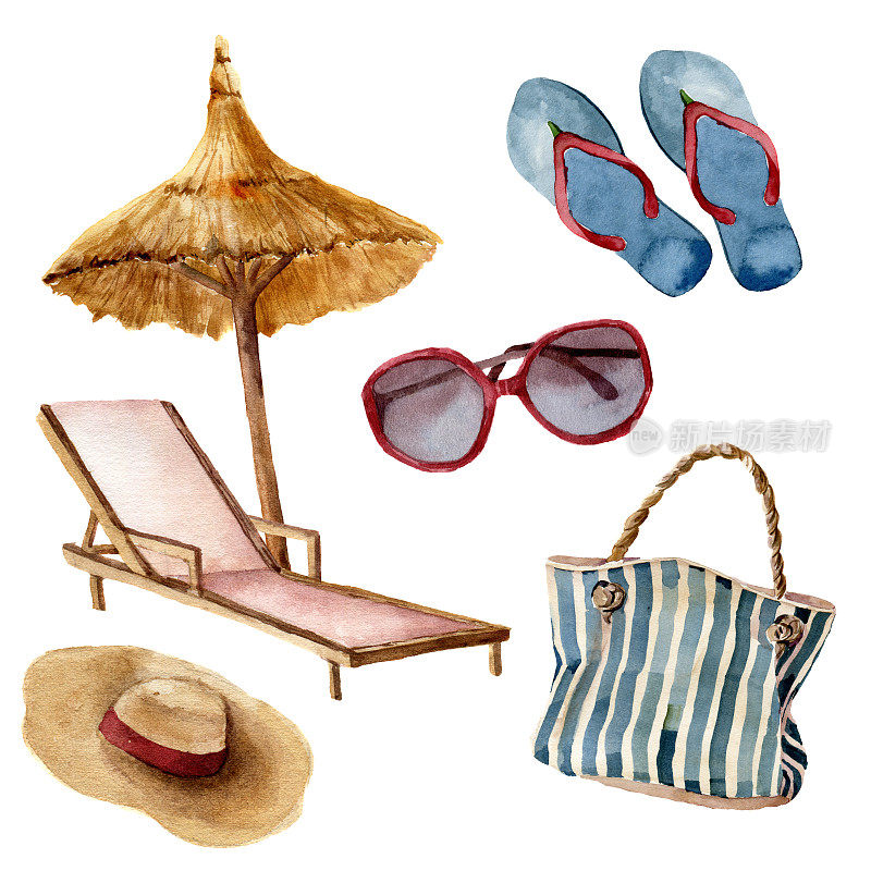 水彩画夏季海滩设置。手绘夏日度假物品:太阳镜、沙滩伞、沙滩椅、草帽、沙滩包、人字拖。热带插图孤立在白色背景。