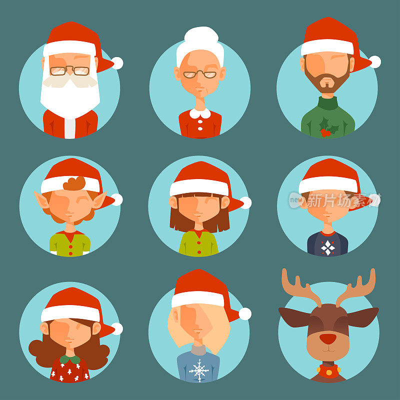 圣诞老人阿凡达脸人物向量脸阿凡达像圣诞老人，精灵，鹿，雪人插图