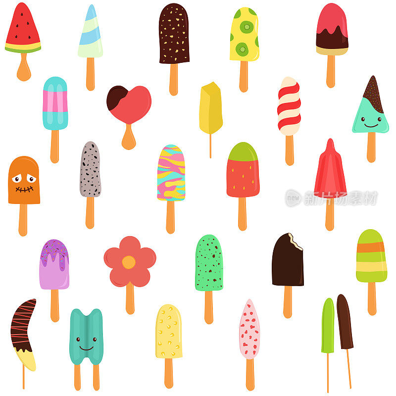 可爱的矢量插图一套彩色冰棒，许多彩色的口味与木棍孤立在白色的背景