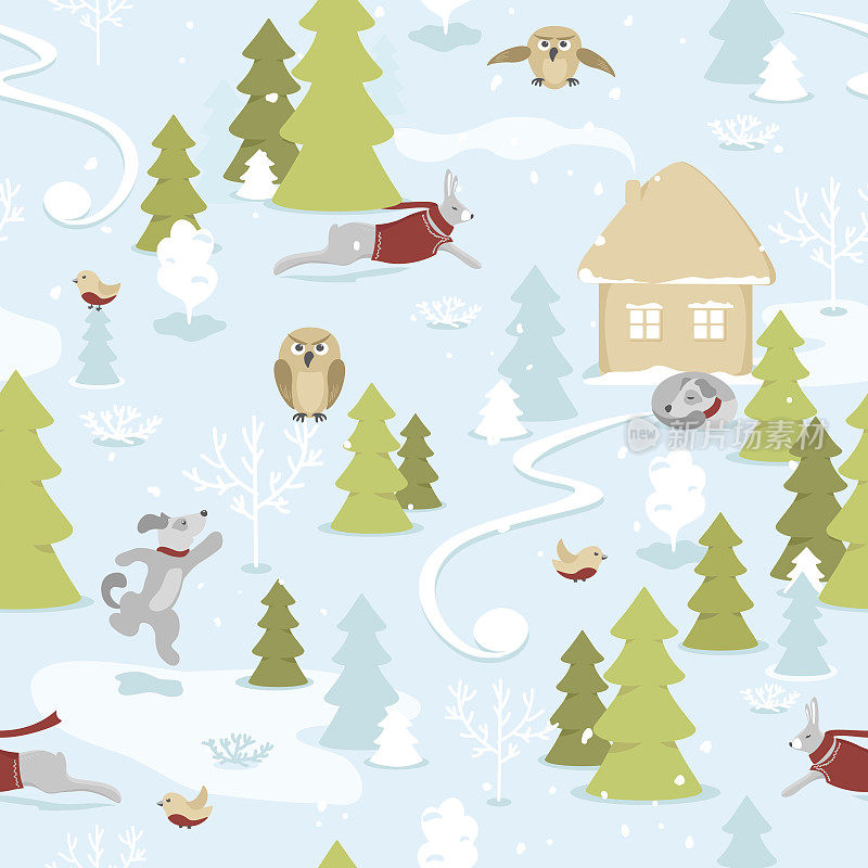 无缝的童话般的圣诞景观与动物雪域森林在蓝色的背景