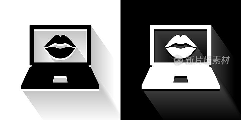 笔记本电脑屏幕和嘴唇黑色和白色图标与长阴影