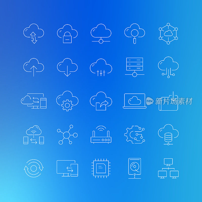 云计算相关矢量线图标-可编辑的描边