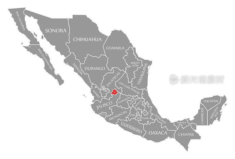 阿瓜斯卡连特斯在墨西哥地图上用红色标出