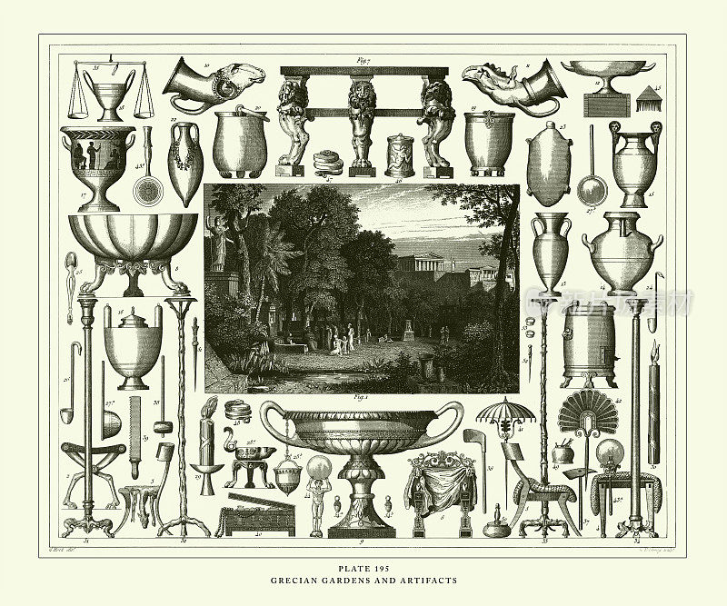 雕刻古董，希腊花园和文物雕刻古董插图，出版于1851年