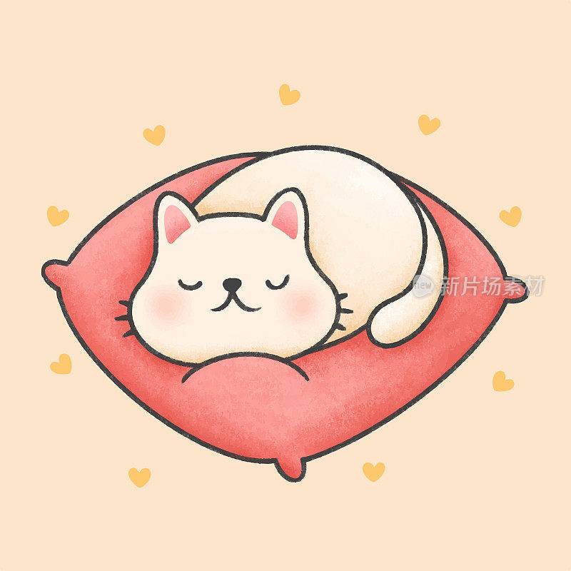 可爱的猫睡在一个粉红色的枕头卡通手绘风格