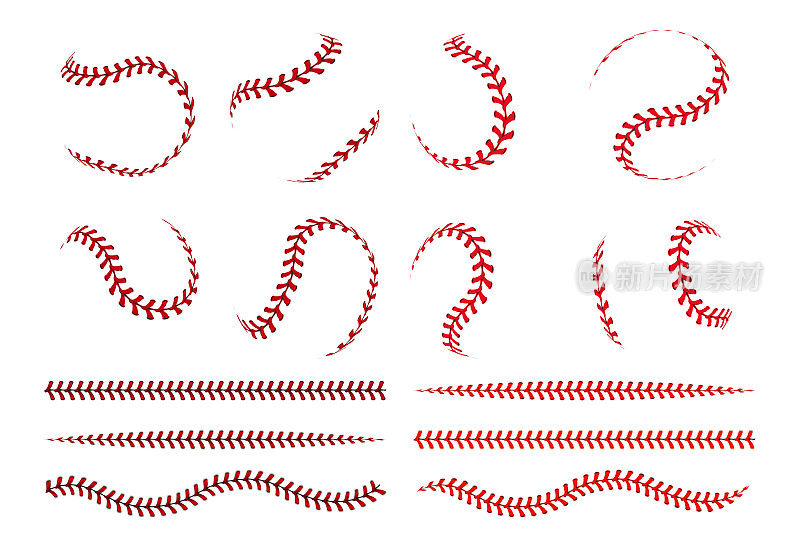 棒球球花边。垒球的球形曲线和红色的直线击球线。矢量图形元素的体育标志和横幅