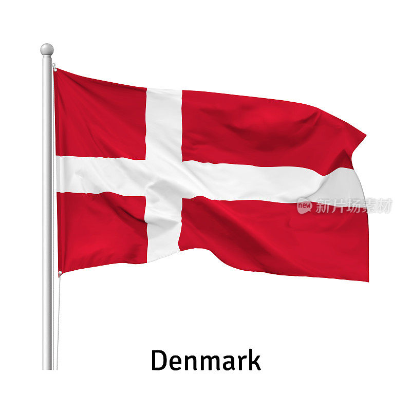 丹麦王国的国旗在风中飘扬在旗杆上，矢量