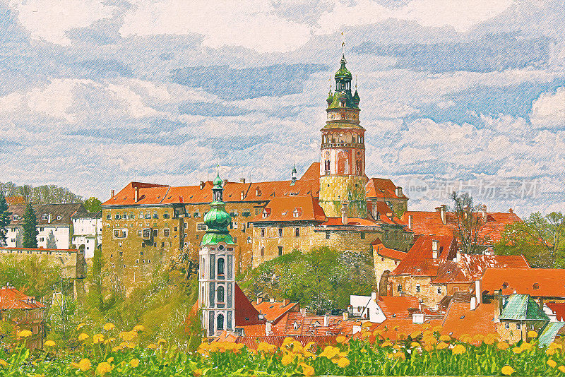 捷克共和国美丽的克鲁姆洛夫彩色铅笔画。