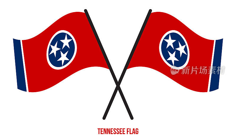 在孤立的白色背景上，两面交叉飘扬的田纳西旗。