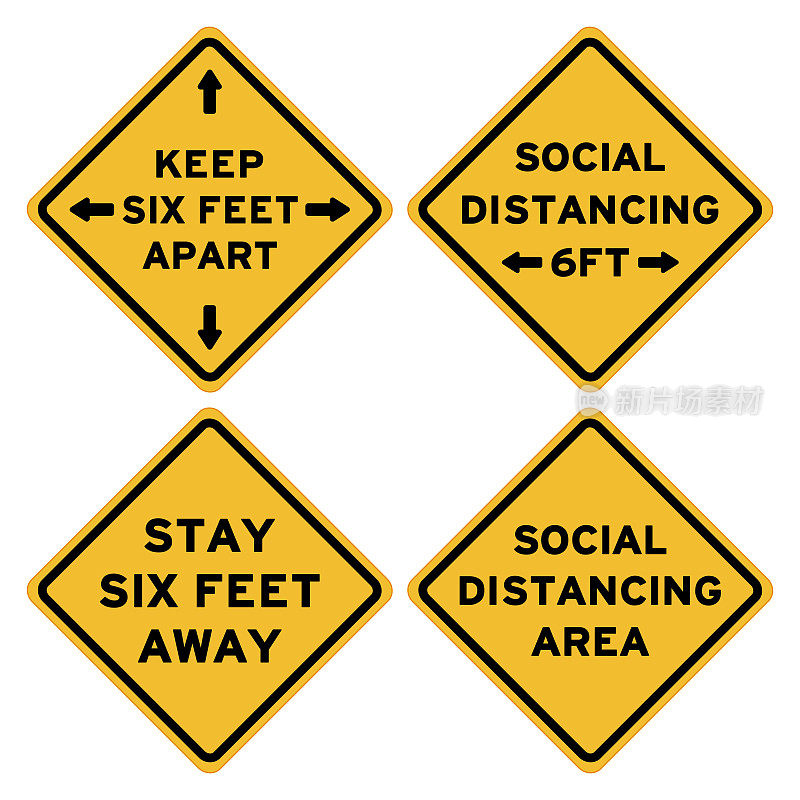 四个黄色社交距离警告标志，白色