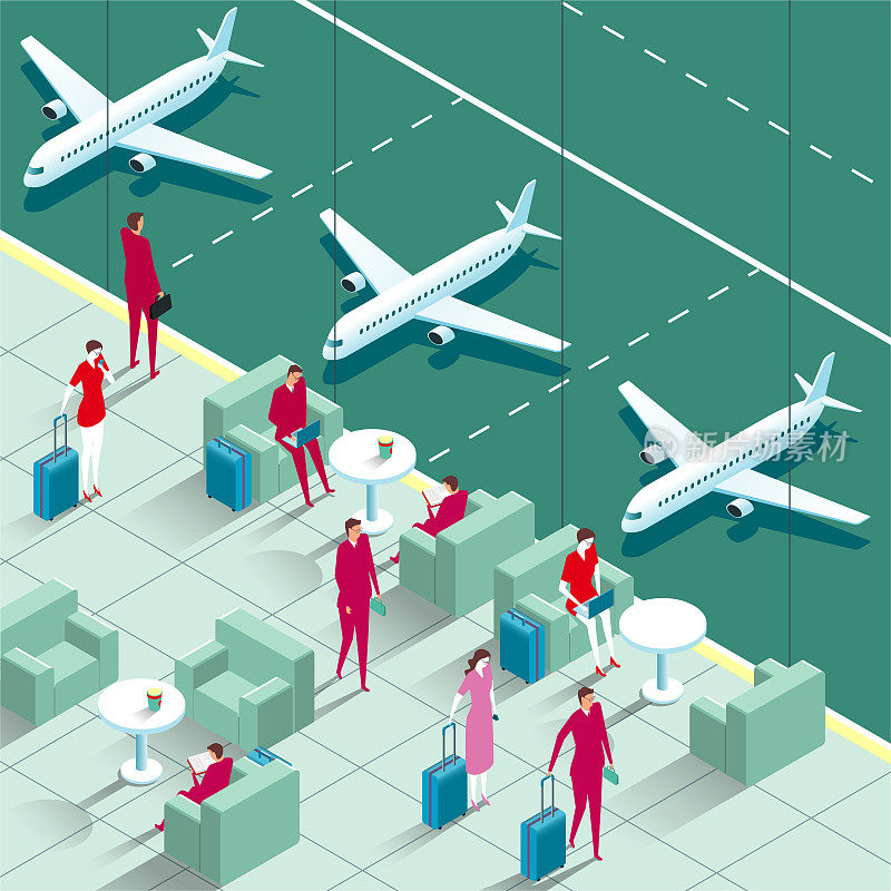 矢量绘制的机场角落,商务旅客在机场休息室。