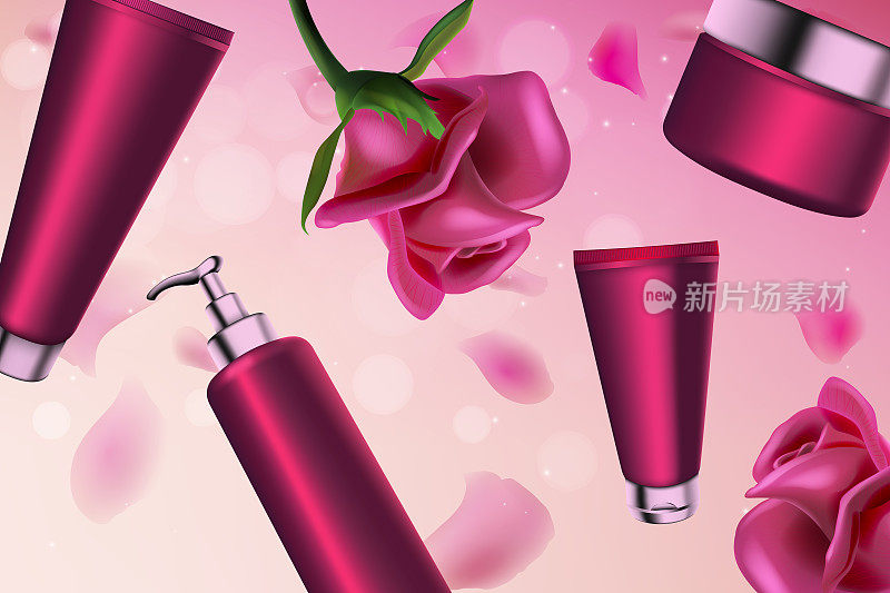 粉红玫瑰化妆品系列矢量插图，3d塑料化妆品瓶与泵分配器的身体保湿，管包装与面部护理液体霜