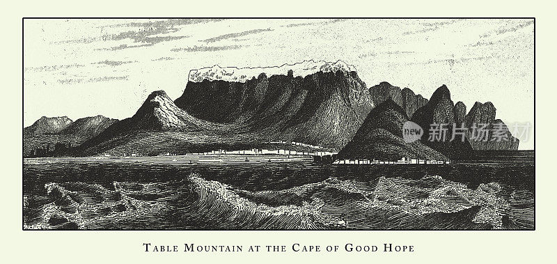 陈年，好望角桌山、岩谷构造和分层雕刻古董插图，1851年出版