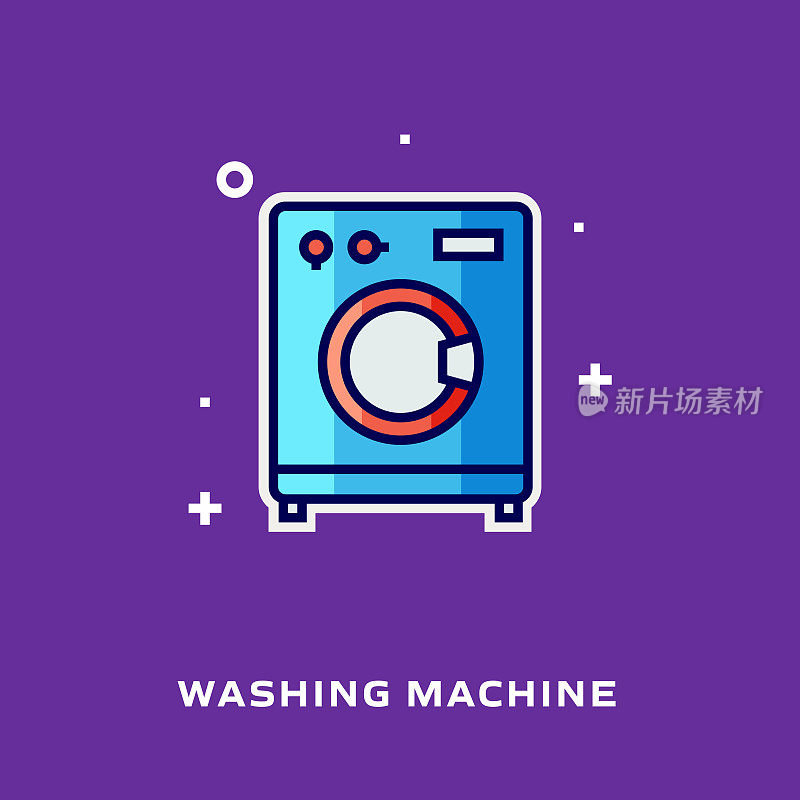 洗衣机平面线图标，轮廓向量符号插图。