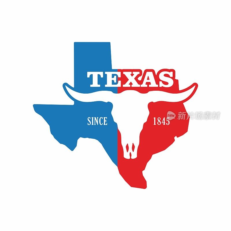 彩色插图的公牛头骨，文字，地图的州得克萨斯州。