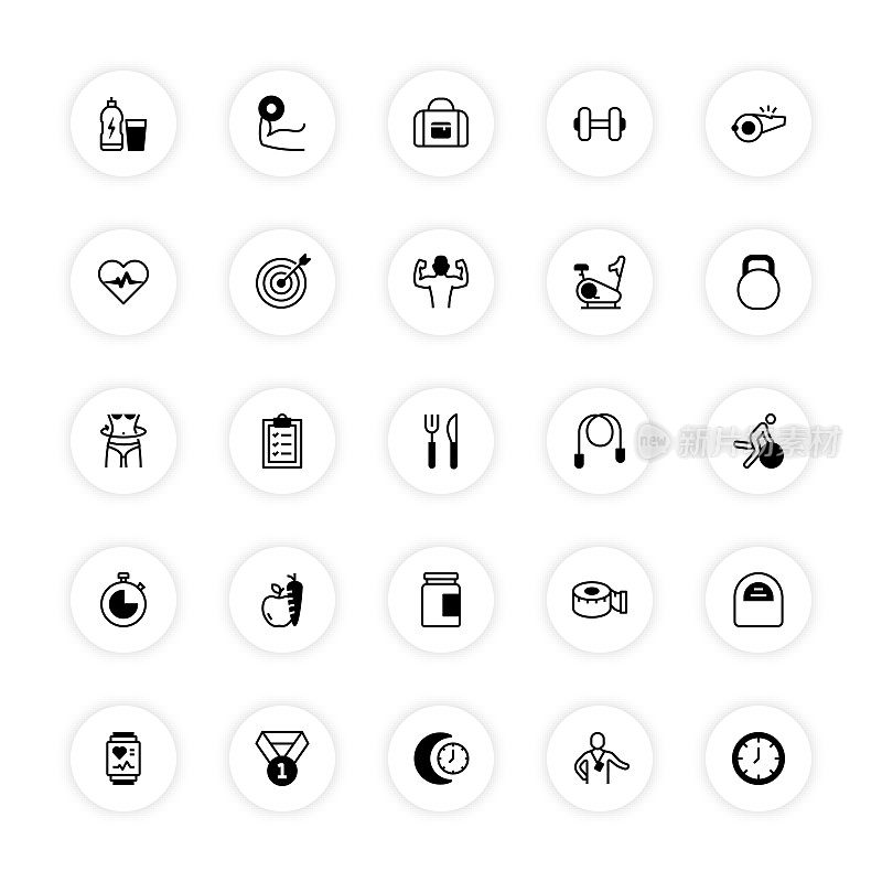 健身和锻炼相关的线条图标。向量符号说明。