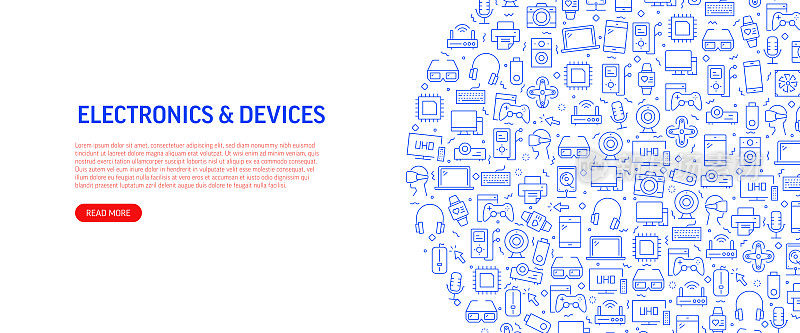 电子和设备相关的旗帜设计与模式。现代线条风格图标矢量插图