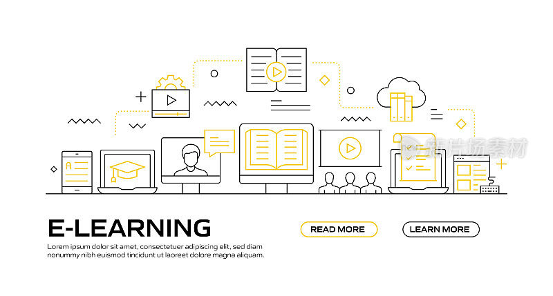 电子学习，在线教育和远程教育相关的现代矢量插图