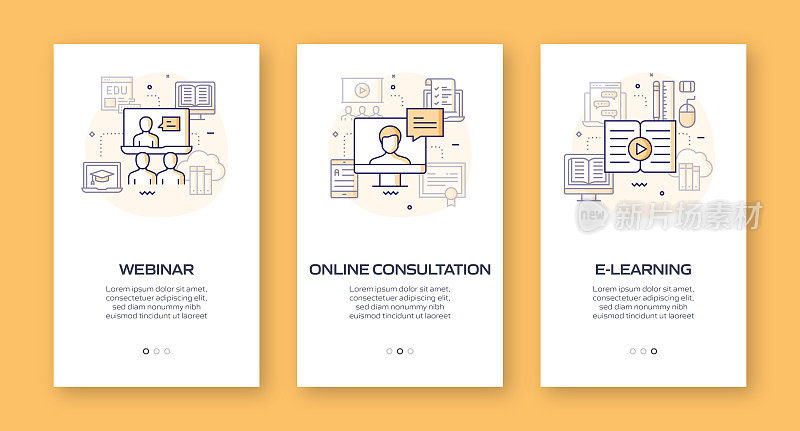 电子学习，在线教育和远程教育相关的移动应用程序页面屏幕与平面图标。用户体验，用户界面设计模板矢量插图
