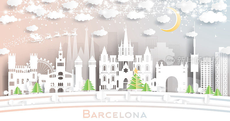 西班牙巴塞罗那城市天际线剪纸风格的雪花，月亮和霓虹灯花环。