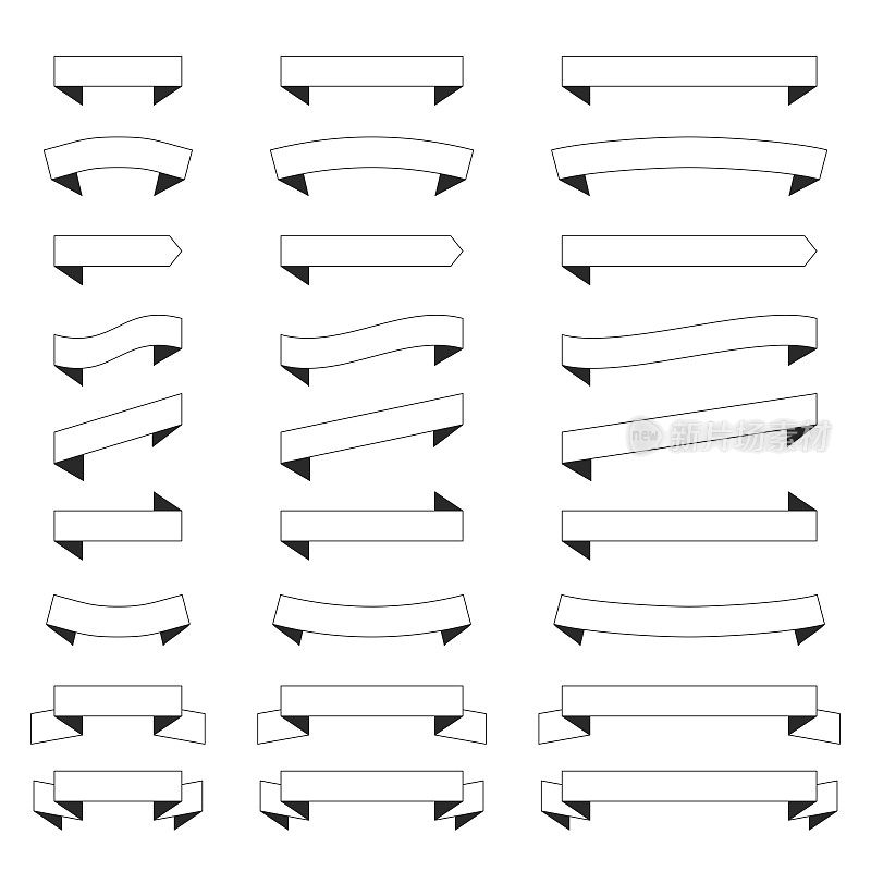 一套丝带，横幅(轮廓，线条艺术)-设计元素在白色的背景