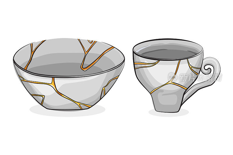 金杉碗和杯子矢量插图孤立在白色的背景。
