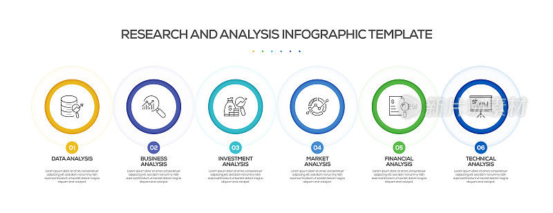 研究和分析相关的过程信息图表模板。过程时间图。带有线性图标的工作流布局