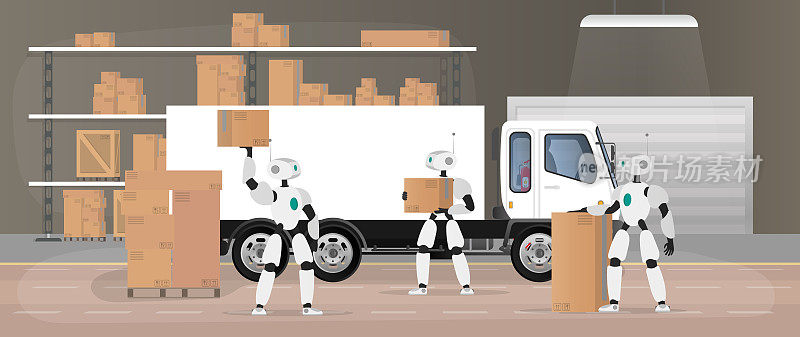 机器人在生产仓库工作。机器人搬运箱子并搬运货物。未来的交货，运输和装载货物的概念。有箱子和托盘的大仓库。向量。
