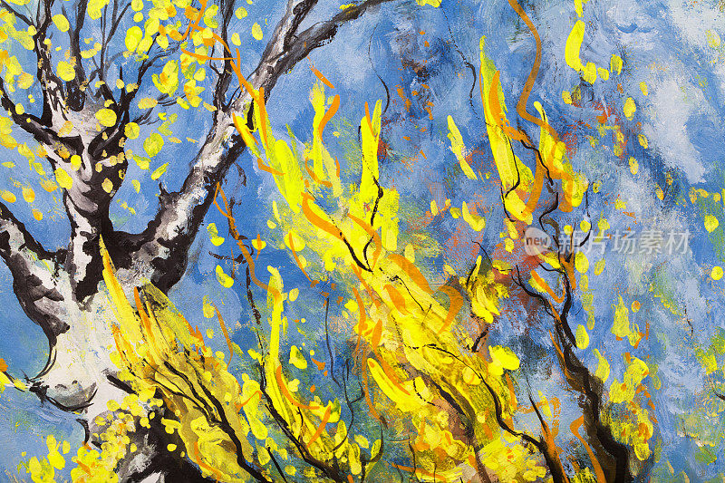插图油画象征画风景桦树秋天的舞蹈在黄色的叶子在发光的灯的形式